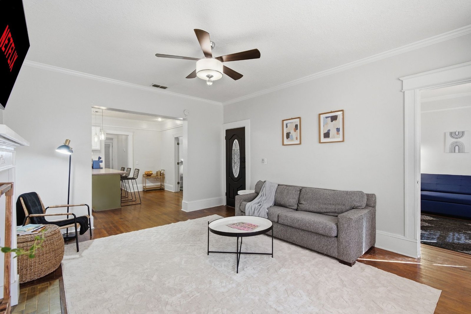 Open layout flows from living room to kitchen